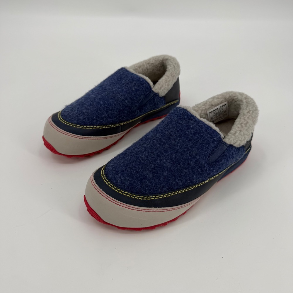 Sorel Nakiska Slide II Slippers Blue Red Wool Faux Fur NL1647-469 Womens 6.5